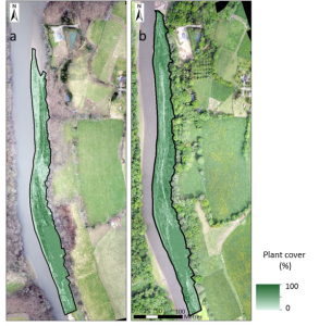 Exemple d’analyse par télédétection : quantification de la couverture végétale sur des images drones acquises à 2 périodes différentes (hiver et printemps 2015)